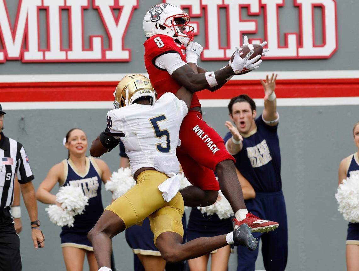 N.C. State wide receiver Julian Gray (8) can’t pull in the pass as Notre Dame cornerback Cam Hart (5) defends during the second half of Notre Dame’s 45-24 victory over N.C. State at Carter-Finley Stadium in Raleigh, N.C., Saturday, Sept. 9, 2023.