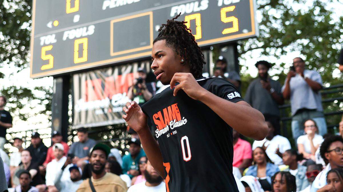 Class of 2026 recruit Deron Rippey Jr. walks onto the court during the SLAM Summer Classic at Rucker Park on August 18, 2025 in New York City. 