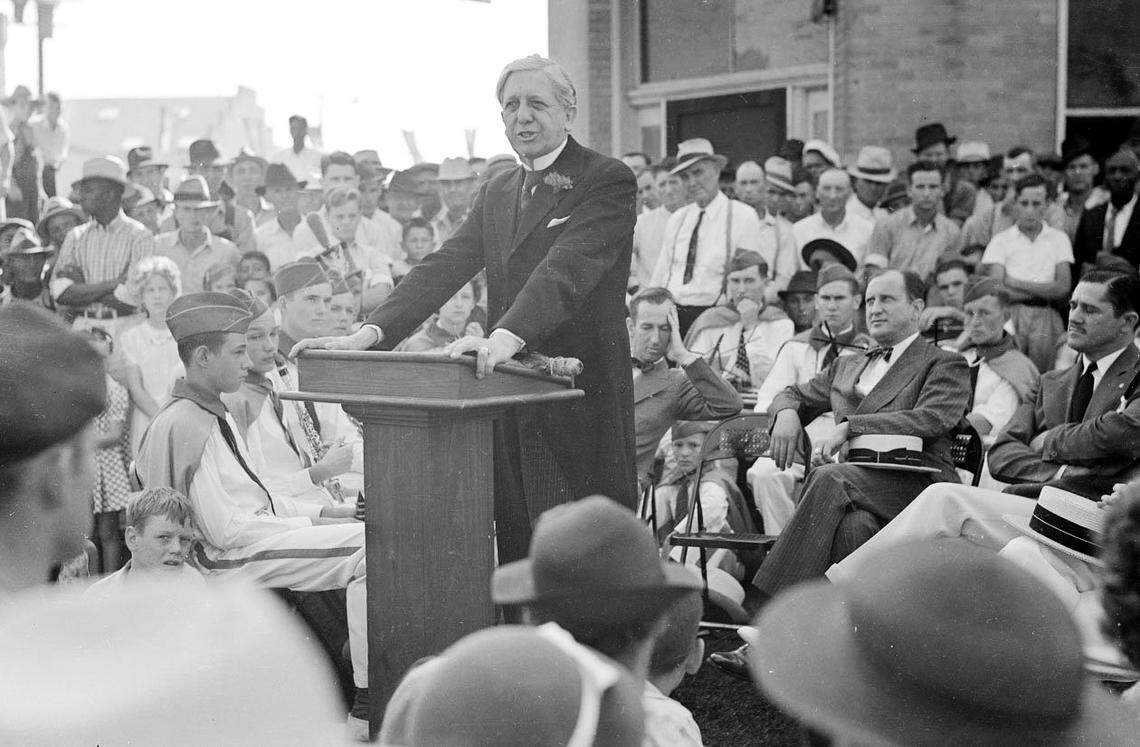 Governor Clyde Hoey speaks at the opening of the tobacco market in Rocky Mount, N.C. in 1938.