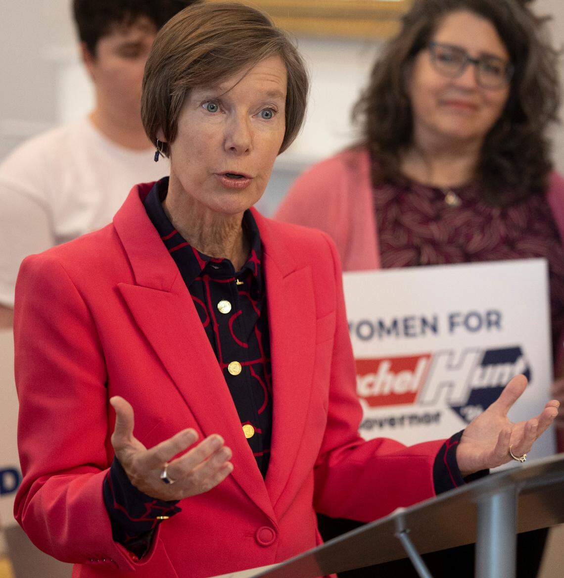 State Senator Rachel Hunt, the Democratic candidate for North Carolina Lieutenant Governor, talks abortion rights during a press conference at the North Carolina Democratic Party headquarters on Wednesday, May 15, 2024 in Raleigh, N.C.
