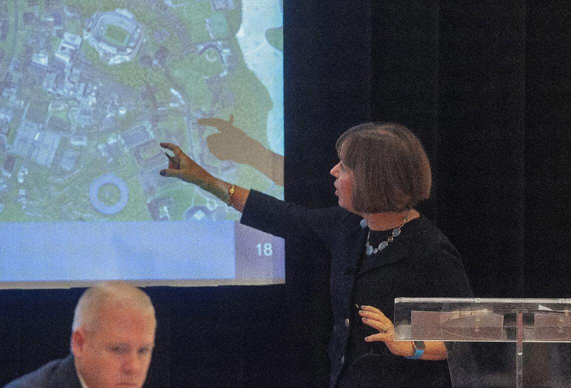 UNC Chancellor Carol Folt, shows the location of the proposed $5 million university history center at the periphery of campus Monday, Dec. 3, 2018 during a board of trustees meeting recommending a new home for Silent Sam, the Confederate monument that stood on UNC-Chapel Hill’s campus for 105 years until August, when protestors yanked it down.