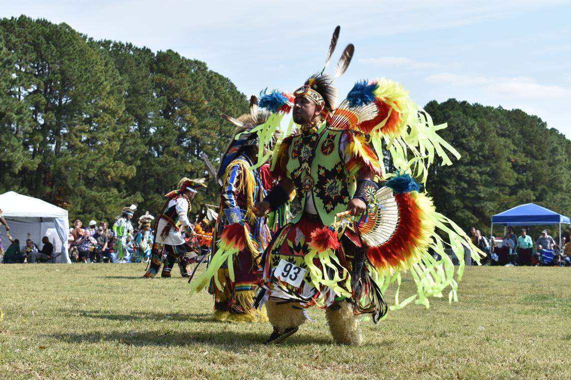 Dancers at the Dix Park Intertribal Pow Wow in Raleigh, NC, on Saturday, Oct. 8, 2022.
