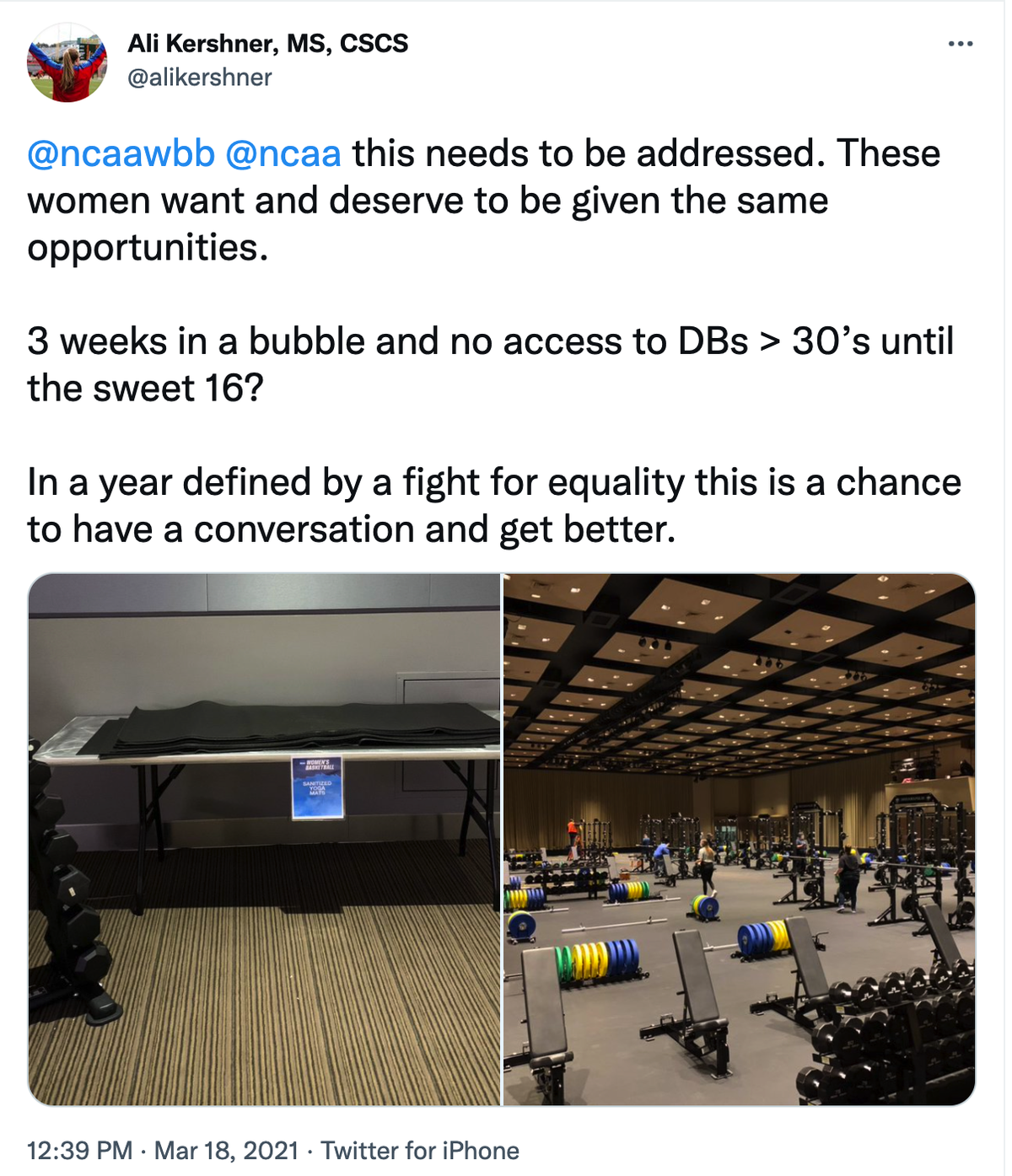 Stanford sports performance coach Ali Kershner posted these photos on social media in March to show the difference in workout equipment for the women and men’s NCAA basketball tournaments. The post went viral.