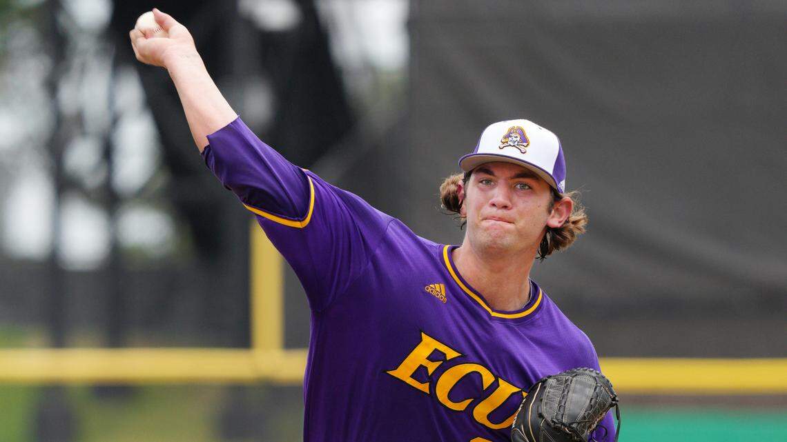 ECU pitcher Gavin Williams in action against Memphis earlier in the 2021 season