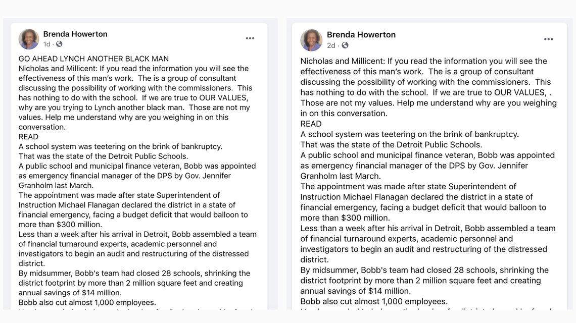 Durham County Commissioners Chair Brenda Howerton’s original and edited public Facebook post.