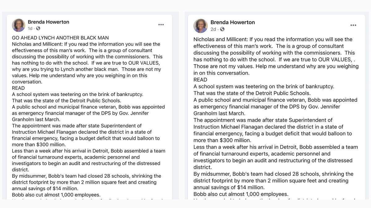 Durham County Commissioners Chair Brenda Howerton’s original and edited public Facebook post.