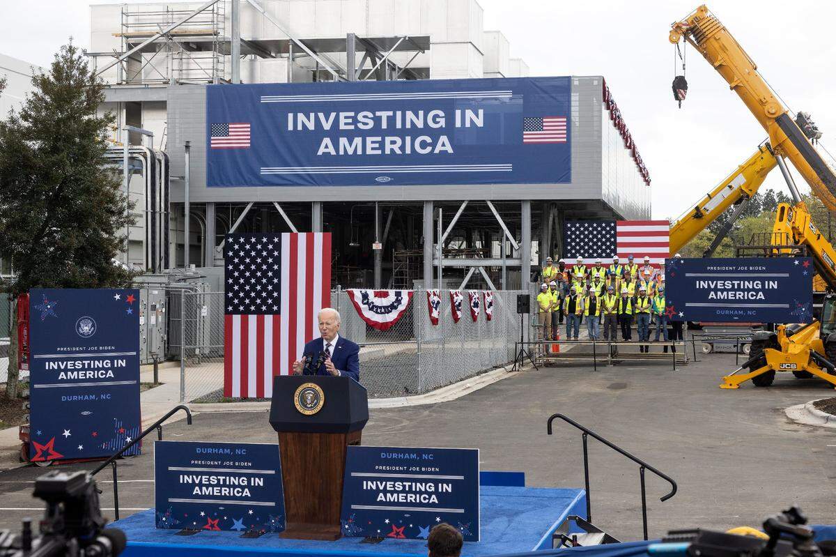 President Joe Biden speaks during a visit to Wolfspeed on Tuesday, March 28, 2023, in Durham, N.C. 