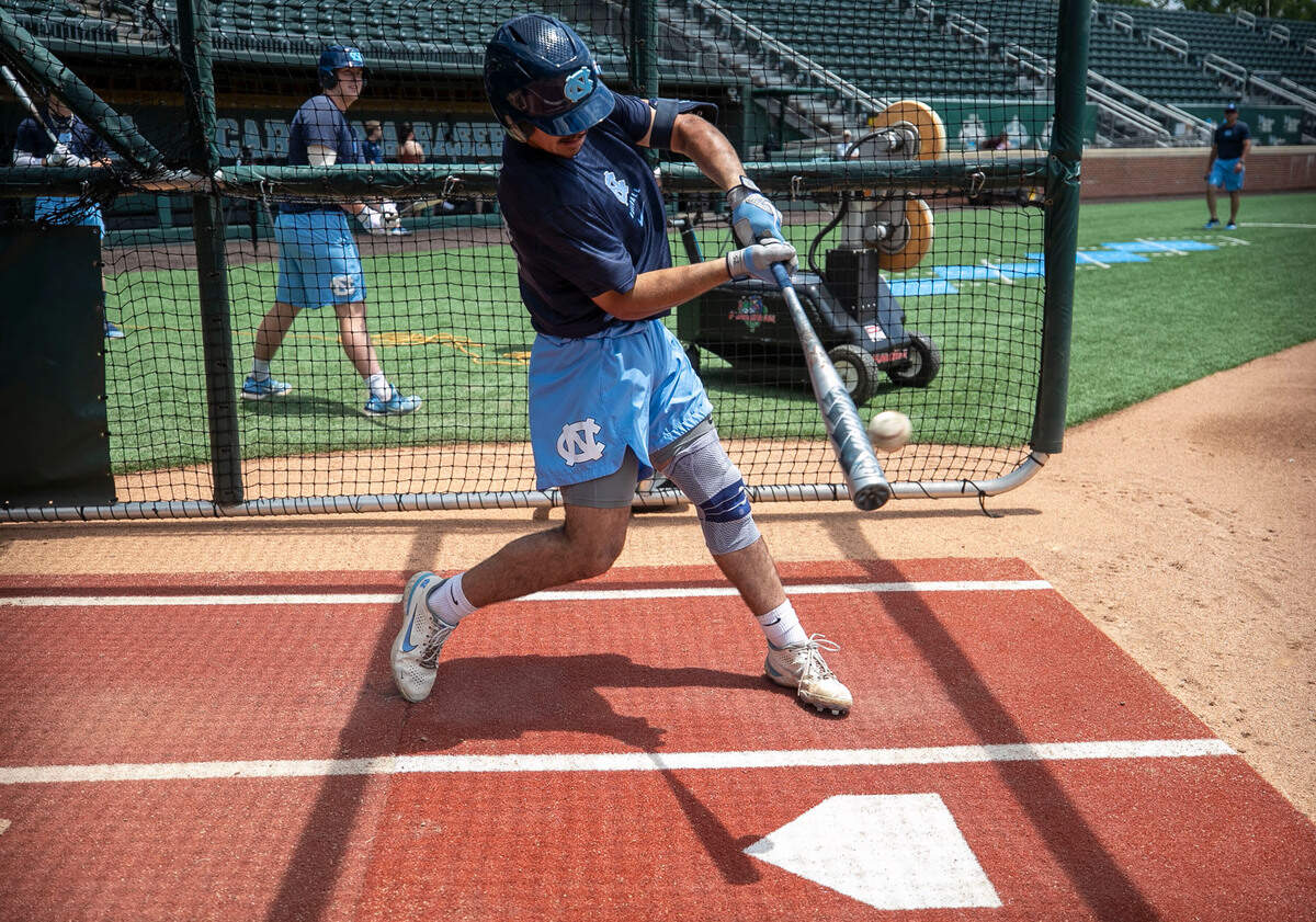 North Carolina catcher Tomas Frick (52) takes a turn in the batting cage during the Tar Heels’ practice on Friday, June 10, 2022 at Boshamer Stadium in Chapel Hill, N.C.