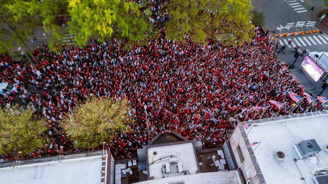 NC State fans watch the Wolfpack play Purdue in the Final Four during a watch party on Hillsborough Street in Raleigh on Saturday, April 6, 2024. Purdue won 63-50.