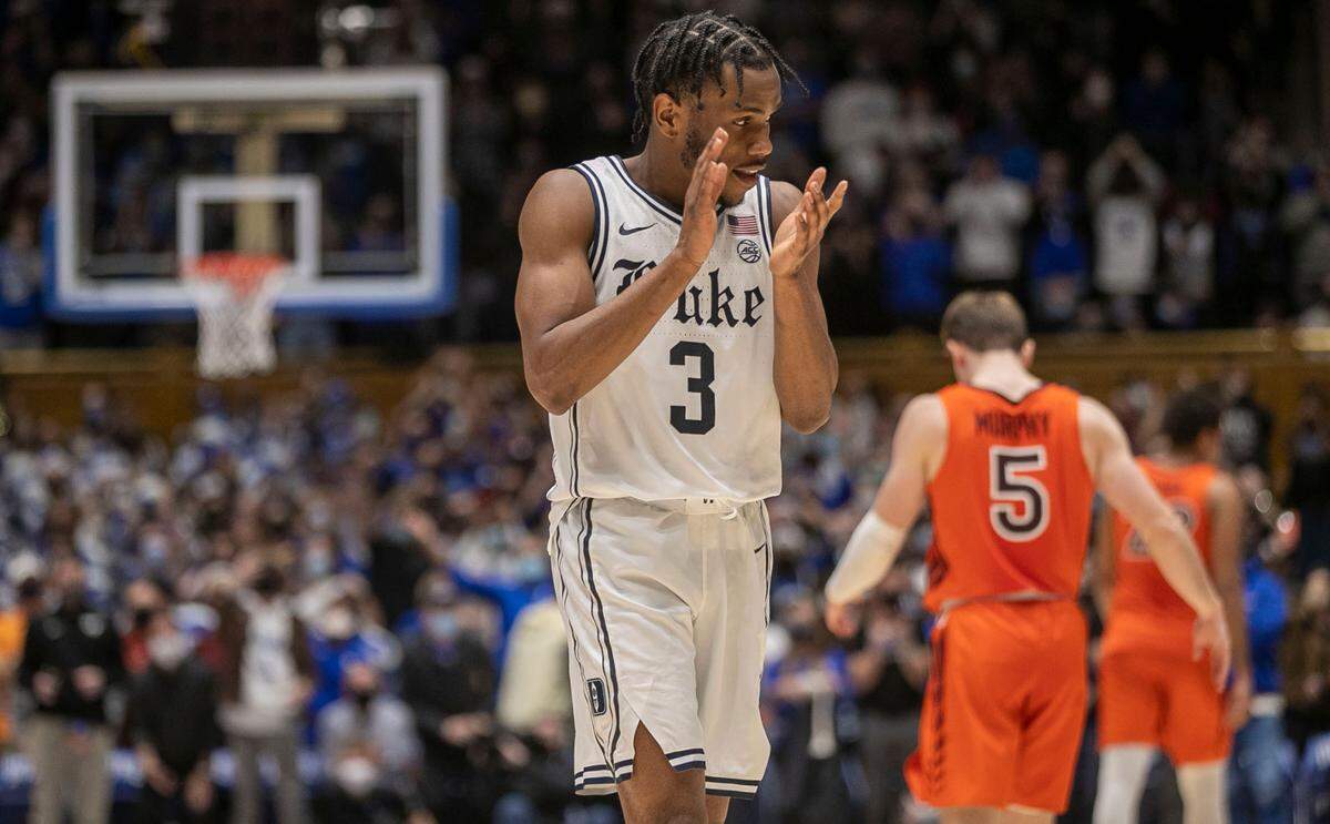 Duke’s Jeremy Roach (3) reacts as the Blue Devils run out the final seconds of the clock to secure a 76-65 victory over Virginia Tech on Wednesday, December 22, 2021 at Cameron Indoor Stadium in Durham, N.C.