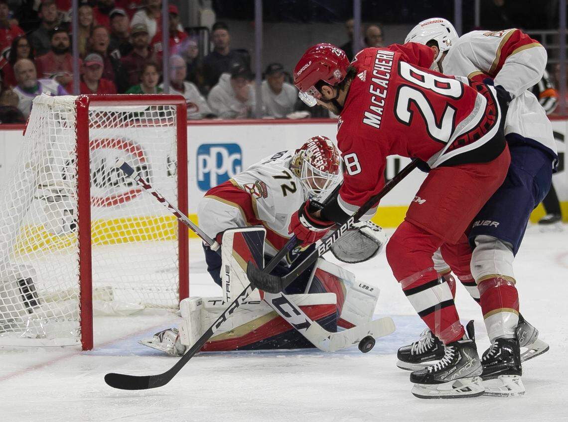 Florida Panthers goalie Sergei Bobrovsky (72) stops a scoring attempt by the Carolina Hurricanes Mackenzie MacEachern (28) in the first period during Game 2 of the Eastern Conference Finals on Saturday, May 20, 2023 at PNC Arena in Raleigh, N.C.