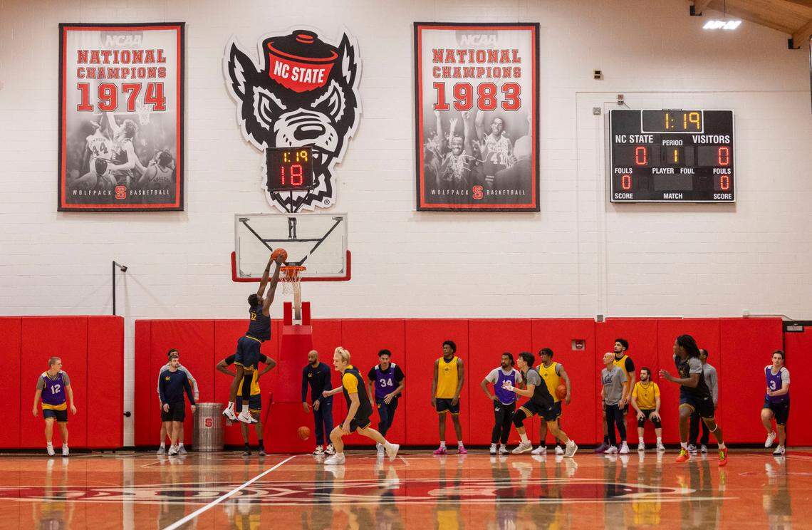 Mady Sissoko breaks to the basket for a dunk during the California Golden Bears’ practice at N.C. State’s Dial Basketball Center on Friday, January 17, 2025 in Raleigh, N.C.
