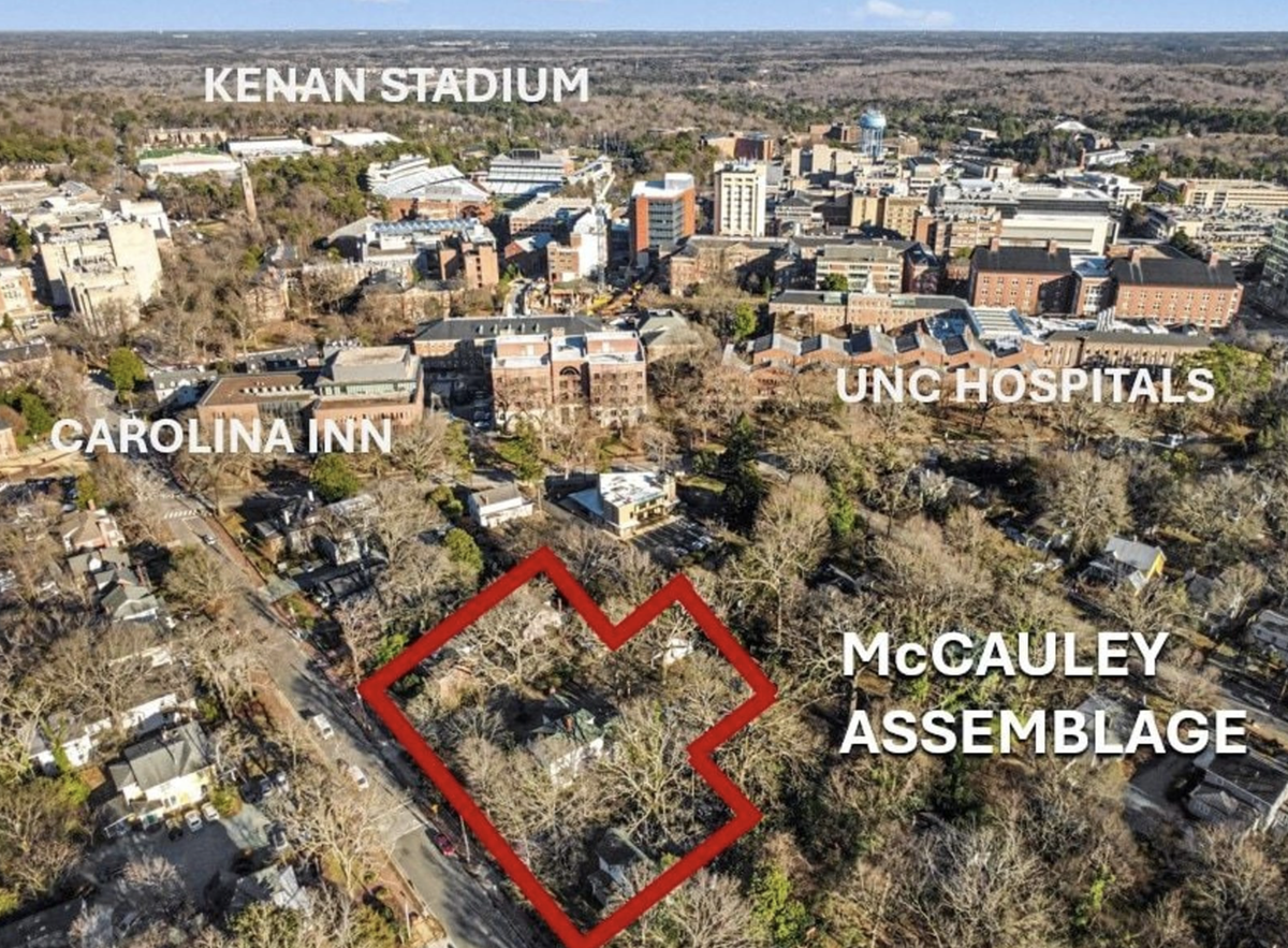 An aerial photo of the 1.24 acre assemblage in Chapel Hill’s historic core, which recently hit the market for $7 million.