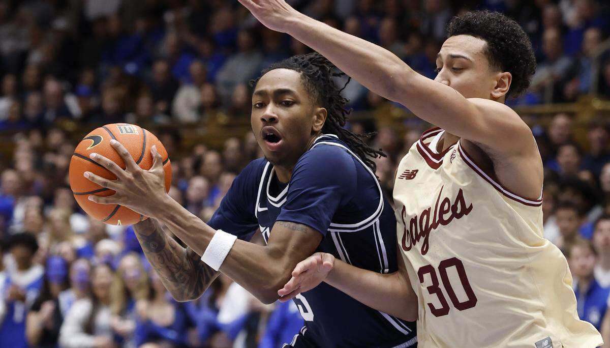 Duke’s Isaiah Evans (3) drives around Boston College's Caleb Steger (30) during the first half of Duke’s game against Boston College at Cameron Indoor Stadium in Durham, N.C., Tuesday, Feb. 3, 2026.