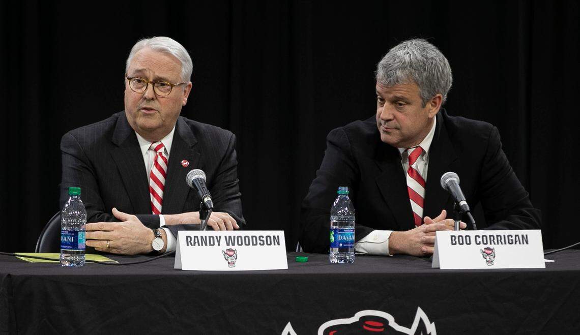 NC State chancellor Randy Woodson and new athletic director Boo Corrigan field questions from the media following his introduction at Reynold Coliseum on Thursday, January 31, 2019 in Raleigh, N.C.