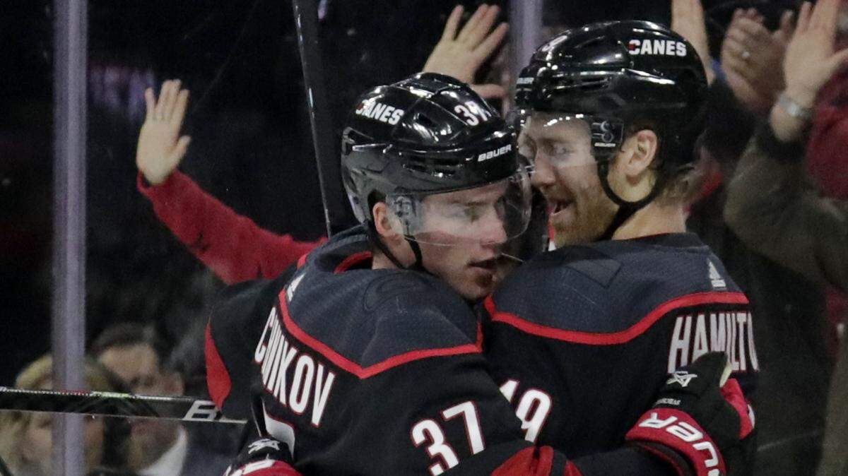 Carolina Hurricanes’ Dougie Hamilton (19) celebrates his goal with Andrei Svechnikov (37), of Russia, during the second period of an NHL hockey game against the Florida Panthers in Raleigh, N.C., Saturday, Nov. 23, 2019. (AP Photo/Chris Seward)