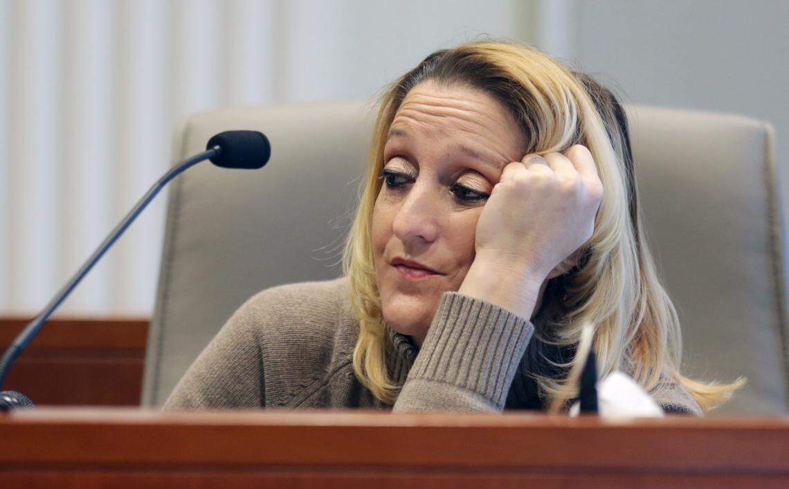 Lisa Britt pauses before answering a question by executive director of the Board of Elections Kim Strach during the public evidentiary hearing on the 9th Congressional District investigation Monday morning, Feb. 18, 2019, at the North Carolina State Bar in Raleigh.
