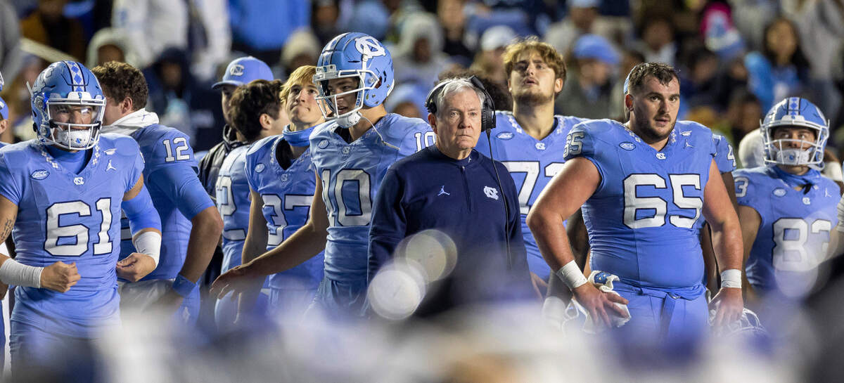 North Carolina coach Mack Brown watches the final minute of regulation play against Duke, and they prepare to kick a field goal on Saturday, Nov. 11, 2023 at Kenan Stadium in Chapel Hill, N.C.
