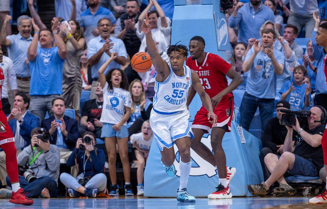North Carolina’s Harrison Ingram (55) reacts after a basket to give the Tar Heels’ a 26-20 lead over N.C. State in the first half on Saturday, March 2, 2023 at the Smith Center in Chapel Hill, N.C.