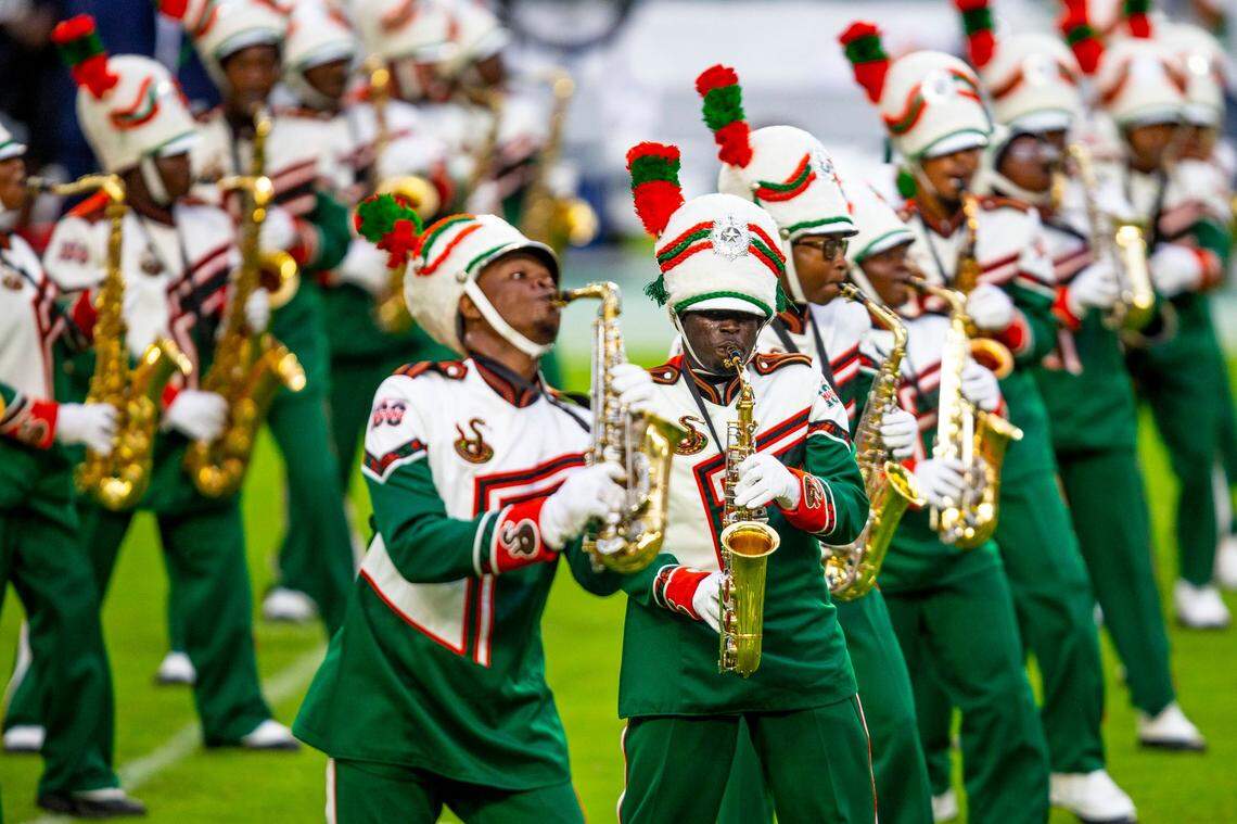 Florida A&M University’s Marching 100 performs at the halftime show during the Orange Blossom Classic against Jackson State University at Hard Rock Stadium in Miami Gardens, Florida, on Sunday, September 5, 2021.