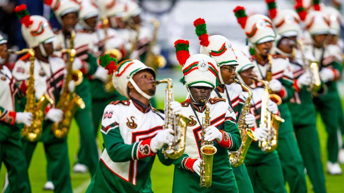Florida A&M University’s Marching 100 performs at the halftime show during the Orange Blossom Classic against Jackson State University at Hard Rock Stadium in Miami Gardens, Florida, on Sunday, September 5, 2021.