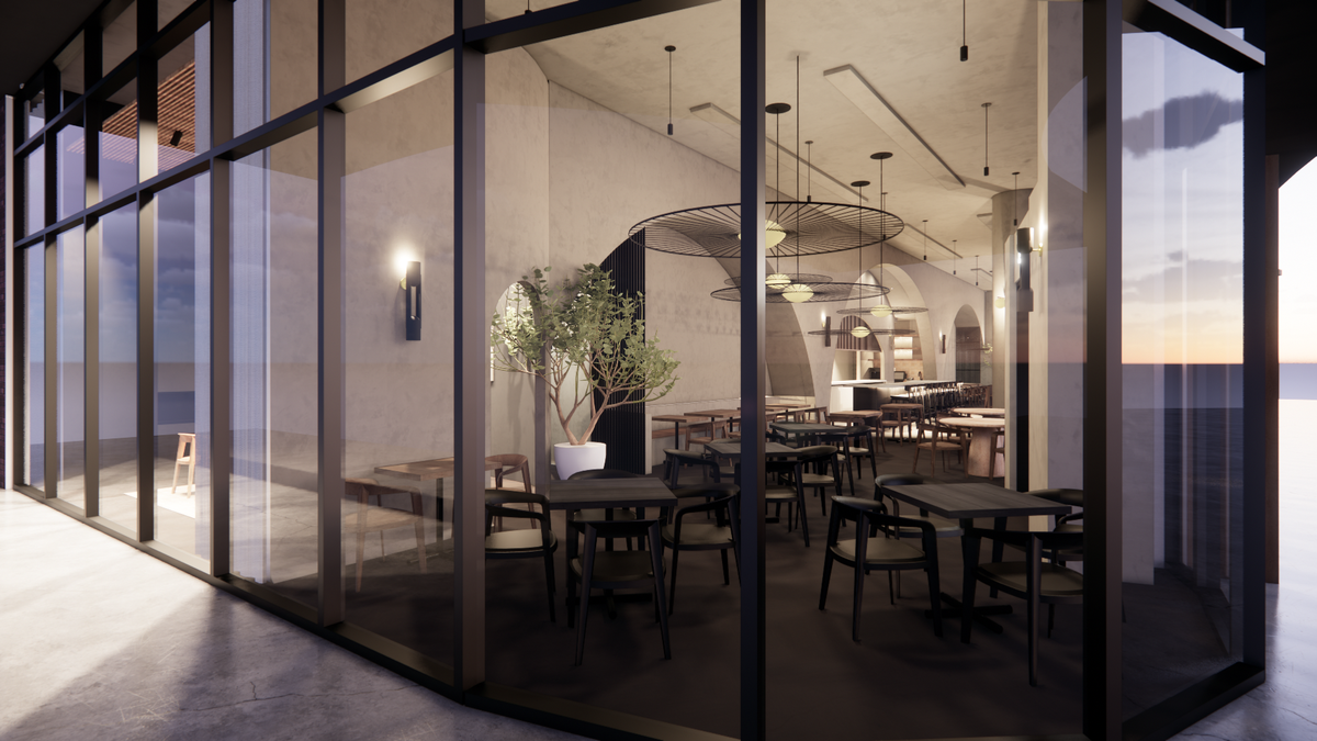 Renderings for the upcoming Raleigh restuarant Peregrine show a space wrapped in giant glass windows.