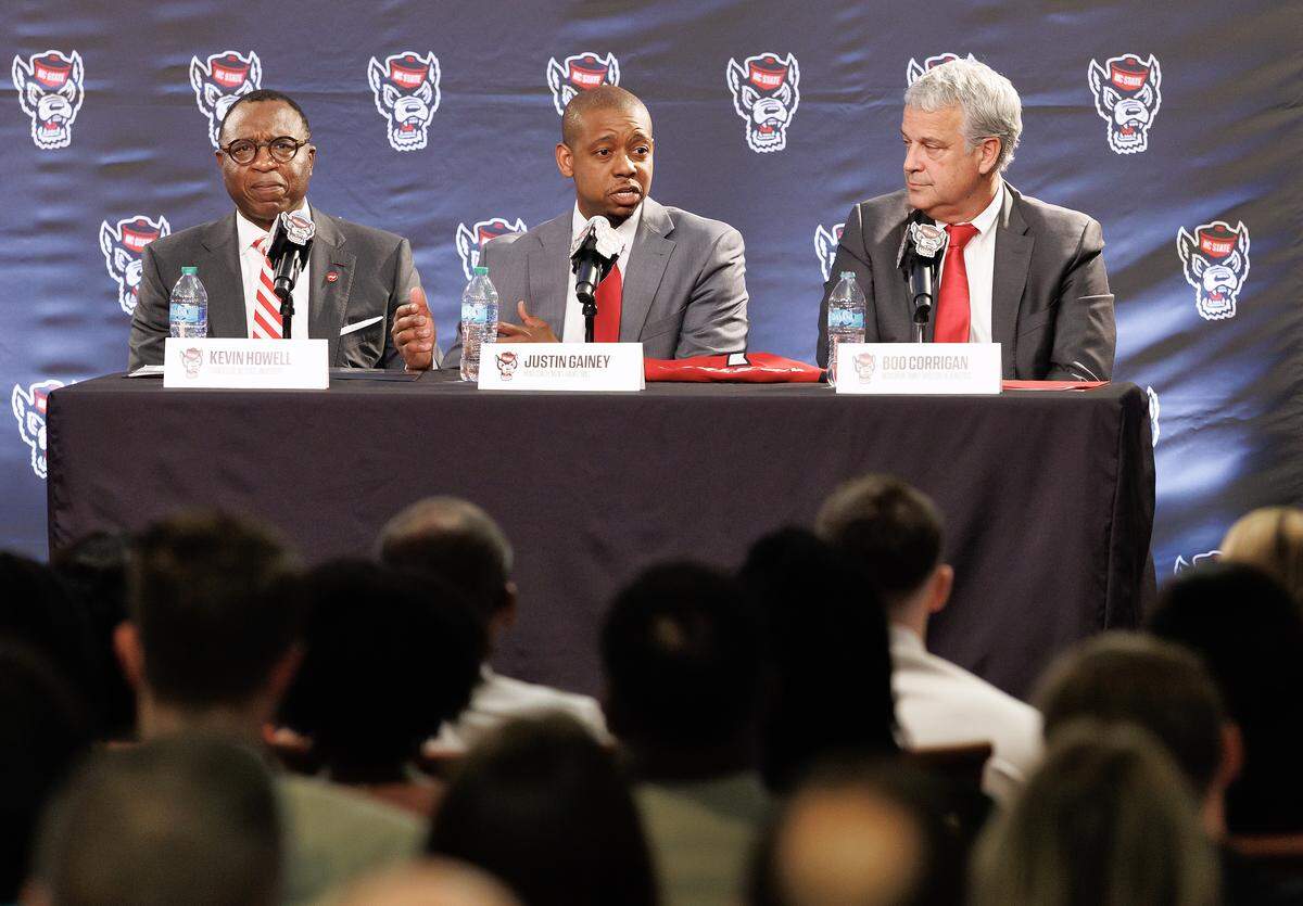 New N.C. State men’s basketball head coach Justin Gainey speaks during a press conference at Lenovo Center on Wednesday, April 1, 2026, in Raleigh, N.C.