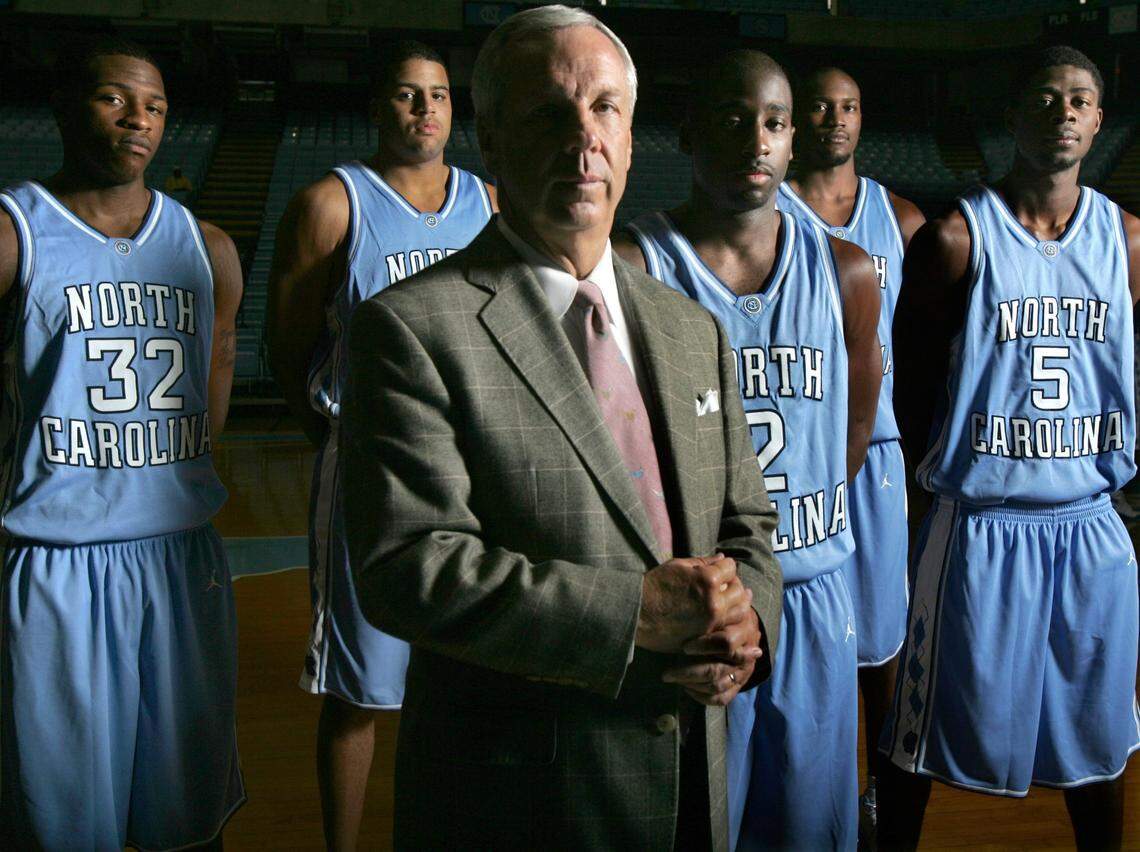 ROYWILLIAMS.SP.102504.SDL -- Roy Williams will have plenty of returning talent to work with for this upcoming season. From left, Rashad MCants, Sean May, Raymond Felton, Jawad Williams, and Jackie Manual.