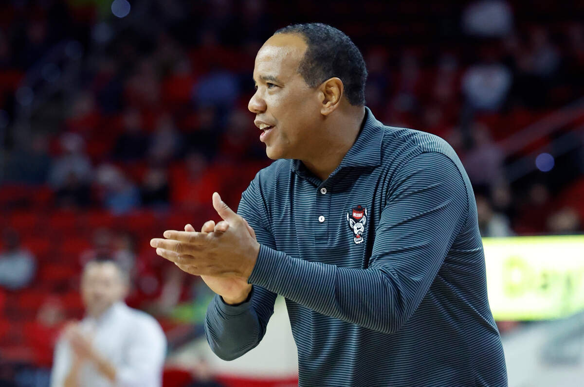 N.C. State head coach Kevin Keatts encourages his team during the second half of N.C. State’s 81-67 victory over UT Martin at PNC Arena in Raleigh, N.C., Tuesday, Dec. 12, 2023.