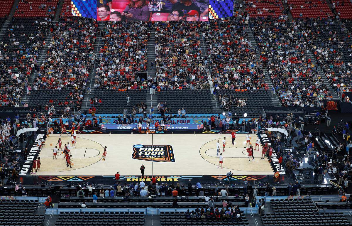 N.C. State practices at State Farm Stadium in Glendale, Ariz., Friday, April 5, 2024. The Wolfpack will face Purdue in the NCAA Tournament national semifinals Saturday.