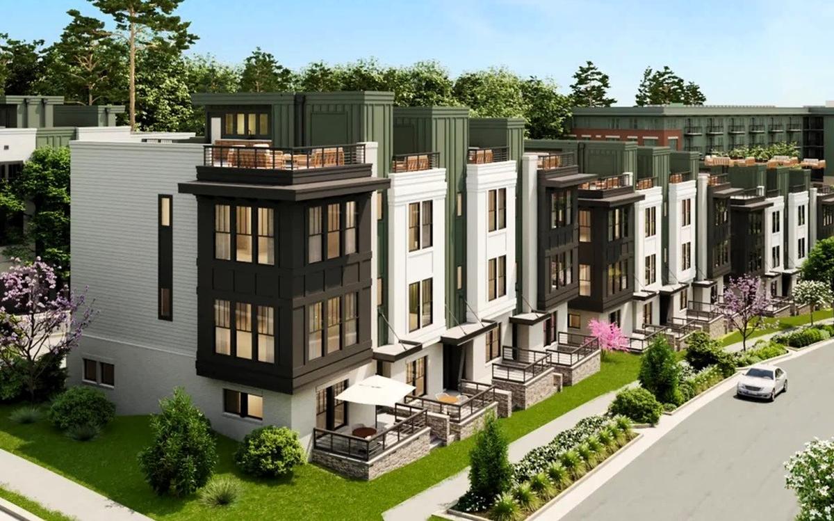 South Creek’s 100 townhomes (pictured) and 606 condos are expected to cost $300,000 to roughly $1 million. The neighborhood will also offer a range of amenities, from outdoor spaces, a pool, and work spaces, and podcasting studios to shops and restaurants.