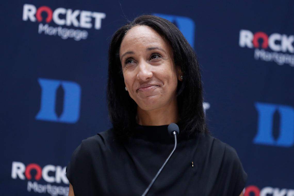 Nina King reacts to the applause from the audience during a press conference where King was introduced as Duke’s new athletic director at Cameron Indoor Stadium in Durham, N.C., Friday, May 21, 2021.
