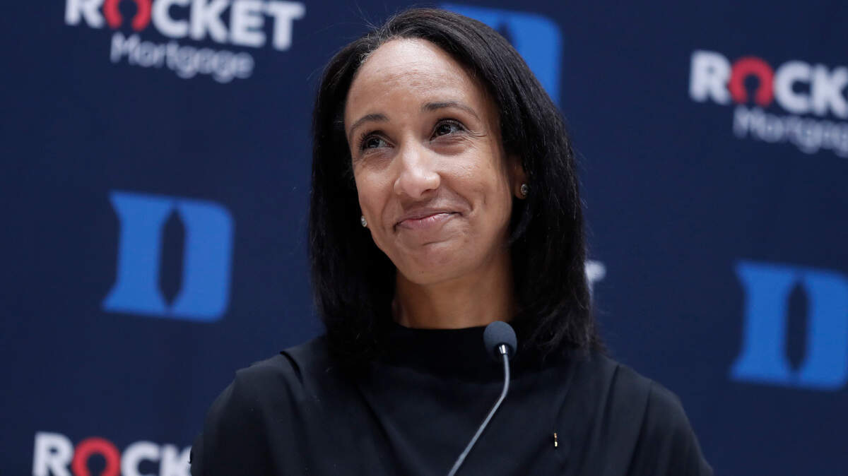 Nina King reacts to the applause from the audience during a press conference where King was introduced as Duke’s new athletic director at Cameron Indoor Stadium in Durham, N.C., Friday, May 21, 2021.