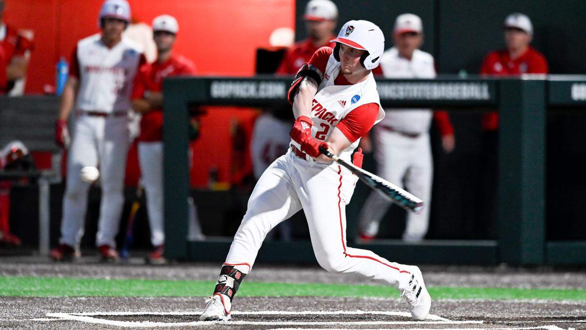 N.C. State’s Noah Soles (2) hits a two-run home run in the sixth inning of N.C. State’s 9-2 victory against Bryant in the NCAA Raleigh Regional at Doak Field on Friday, May 31, 2024.