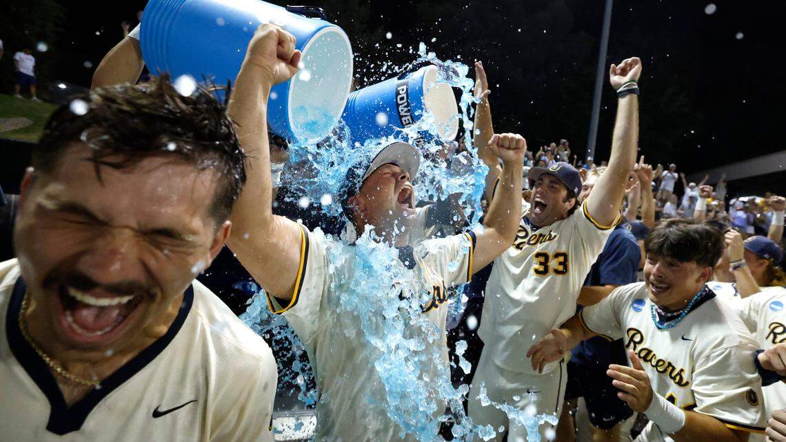 Murray State coach Dan Skirka gets a Powerade bath after Murray State’s 5-4 victory over Duke in the third game of the Durham Super Regional at Jack Coombs Field in Durham, N.C., Monday, June 9, 2025.