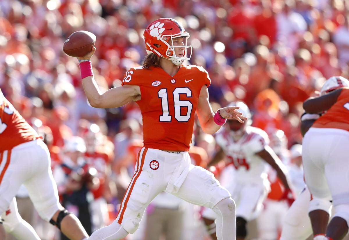 Clemson quarterback Trevor Lawrence (16) prepares to pass during the first half of N.C. State’s game against Clemson at Memorial Stadium in Clemson, S.C., Saturday, Oct. 20, 2018.