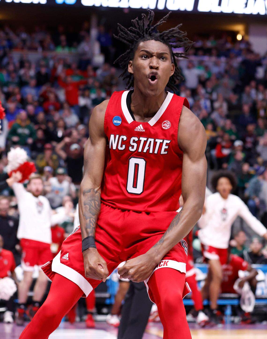 N.C. State’s Terquavion Smith (0) celebrates after slamming in two during the second half of Creighton’s 72-63 victory over N.C. State in the first round of the NCAA Tournament at Ball Arena in Denver, Colo., Friday, March 17, 2023.