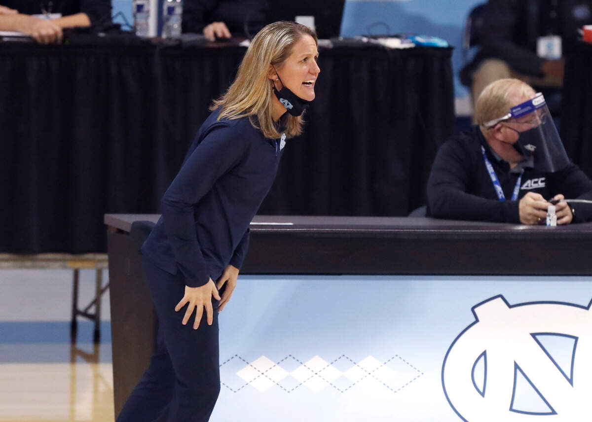 North Carolina head coach Courtney Banghart yells to her team during the first half of N.C. State’s game against UNC at Carmichael Arena in Chapel Hill, N.C., Sunday, February 7, 2021.