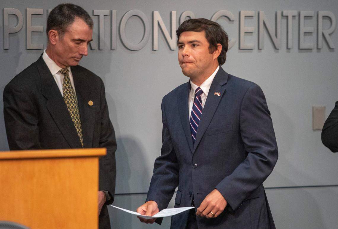 North Carolina Superintendent of Public Instruction Mark Johnson walks to the lectern during a briefing on North Carolinas coronavirus pandemic response Friday, April 24, 2020 at the NC Emergency Operations Center in Raleigh. Gov. Roy Cooper announced Friday that North Carolinas public schools will remain closed for the rest of the school year as part of an effort to slow the spread of the COVID-19 coronavirus pandemic.