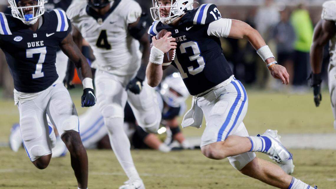 Duke quarterback Riley Leonard runs the ball during the second half of the Blue Devils’ final regular season game against Wake Forest at Wallace Wade Stadium on Saturday, Nov. 26, 2022, in Durham, N.C.