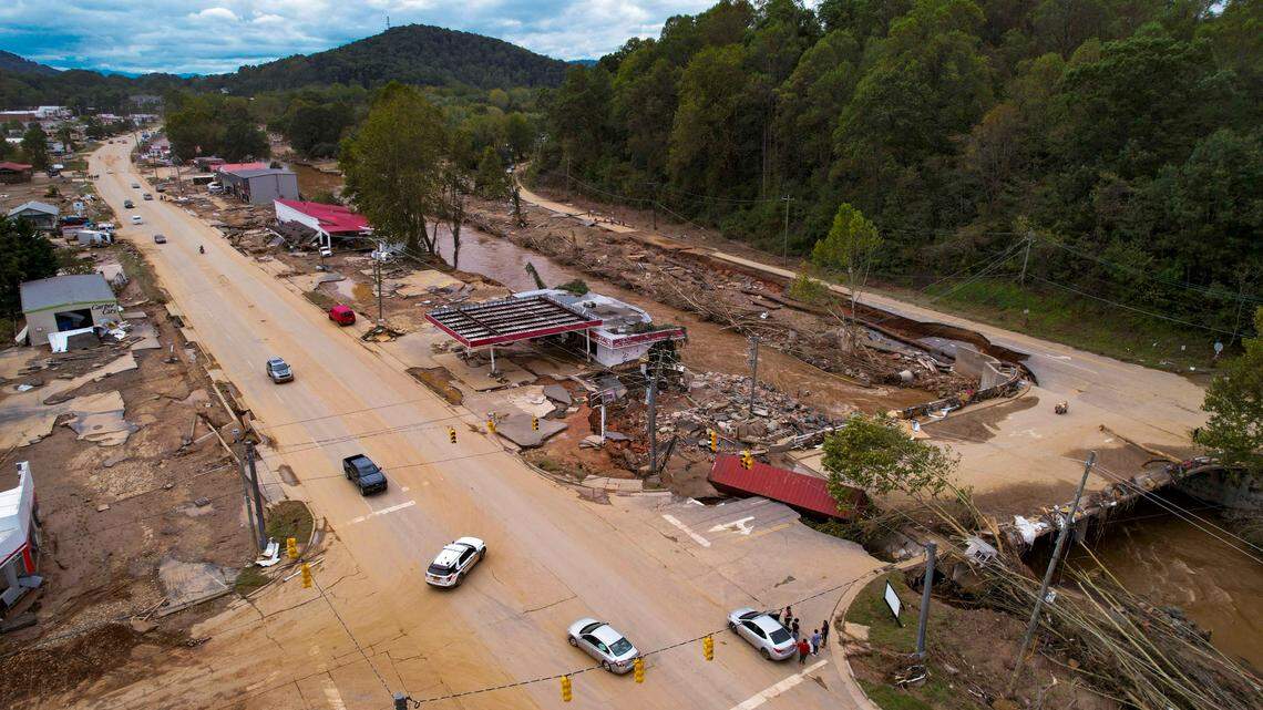 An aerial view of flood damage in Swannanoa on Sunday, Sept. 29, 2024. The remnants of Hurricane Helene caused widespread flooding and landslides in Western North Carolina.