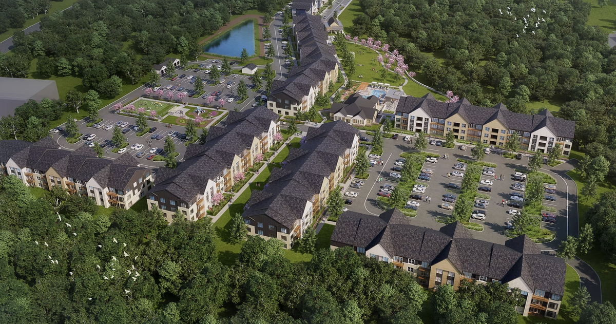 An aerial rendering of the 346-unit apartment and townhome community, Persimmon at Cates Creek, in southeast Hillsborough.