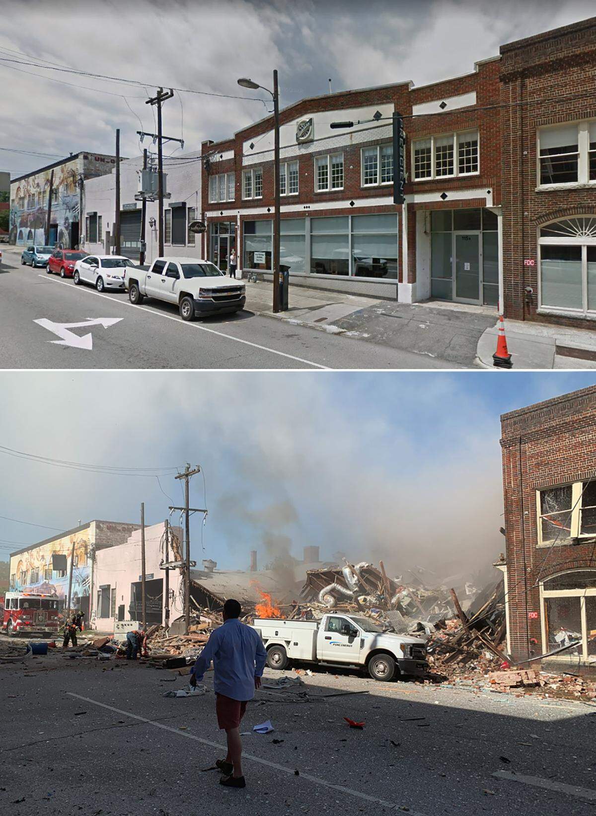 Before and after shots of 115 N. Duke St. in Durham, N.C. The top shows a Google Maps street view, the bottom shows the aftermath of a gas explosion on April 10, 2019.