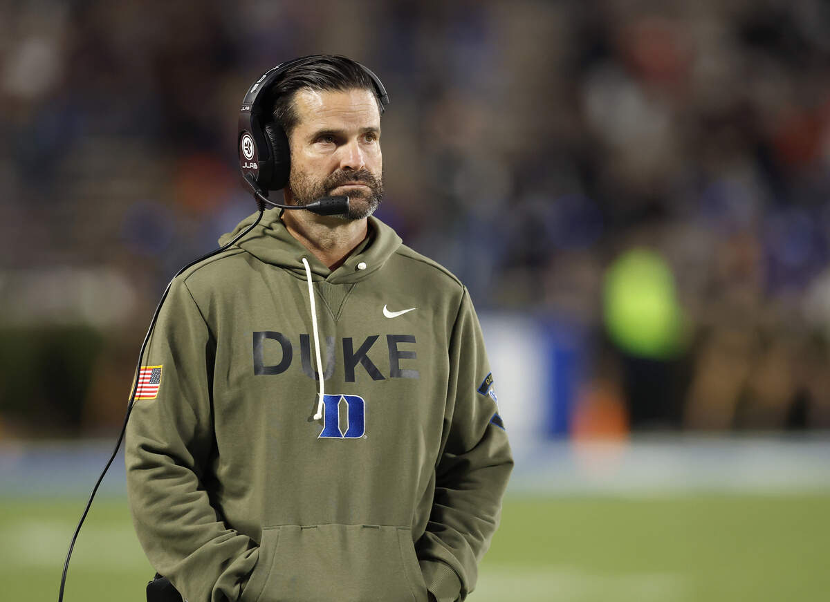 Duke head coach Manny Diaz watches during the second half of the Blue Devils’ 34-17 loss to Virginia on Saturday, Nov. 15, 2025, at Wallace Wade Stadium in Durham, N.C.