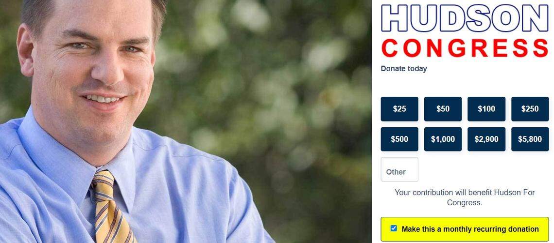 The WinRed fundraising page for U.S. Rep. Richard Hudson has the opt-in box checked for monthly recurring donations.