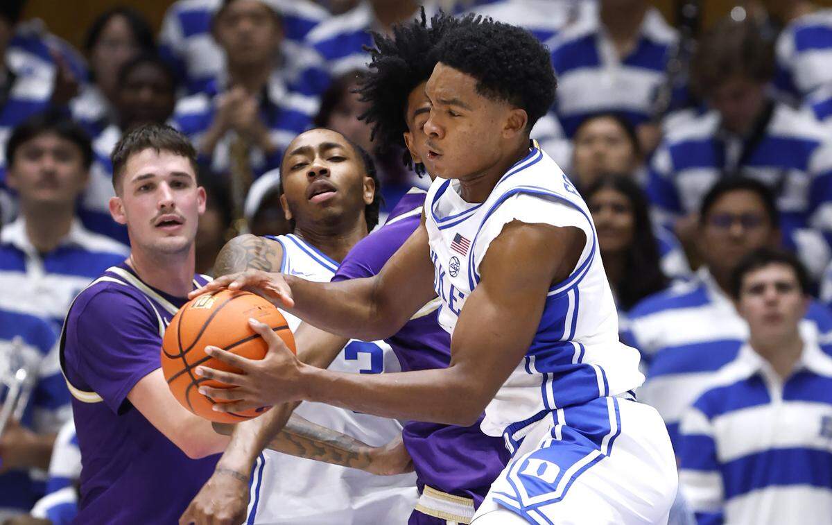 Duke’s Caleb Foster (1) pulls in a rebound during the second half of Duke’s 95-54 victory over Western Carolina at Cameron Indoor Stadium in Durham, N.C., Saturday, Nov. 8, 2025.