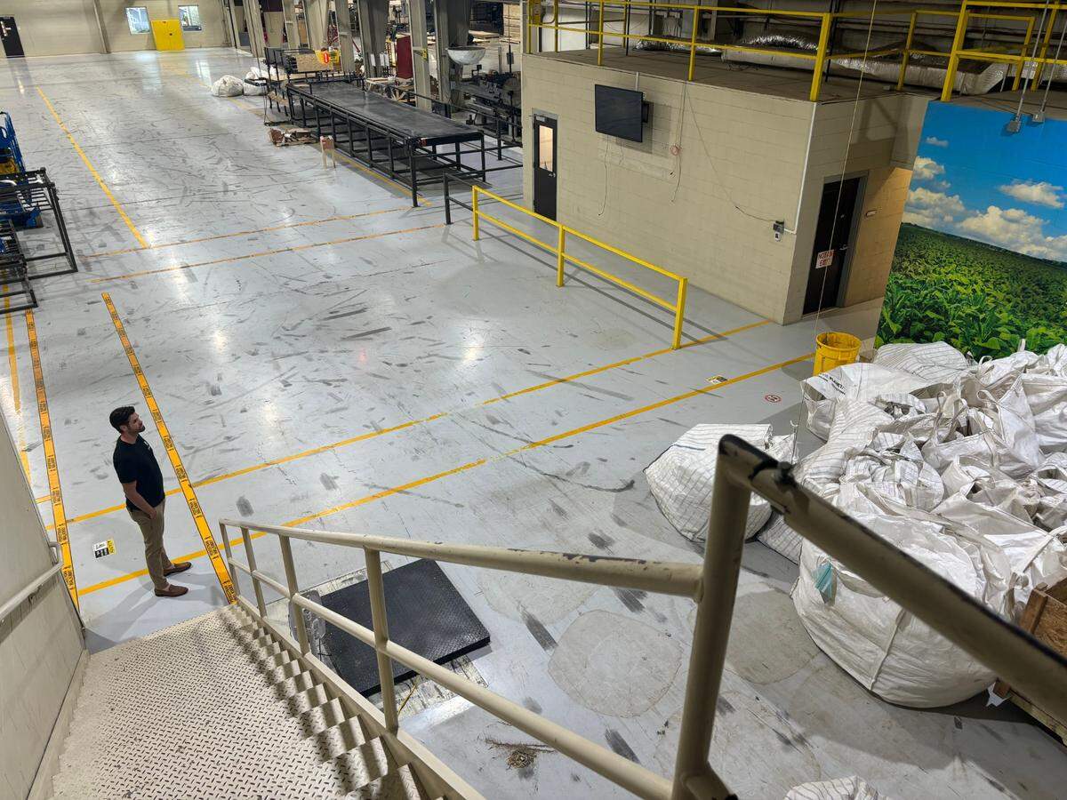 Plantd cofounder and CEO Nathan Silvernail at his company’s headquarters in Oxford, NC. Until 2022, the facility was a tobacco factory owned by Reynolds American.