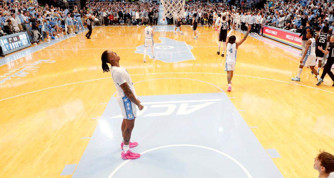 North Carolina’s Armando Bacot (5) celebrates as time runs out in UNC’s 93-84 victory over Duke at the Smith Center in Chapel Hill, N.C., Saturday, Feb. 3, 2024.