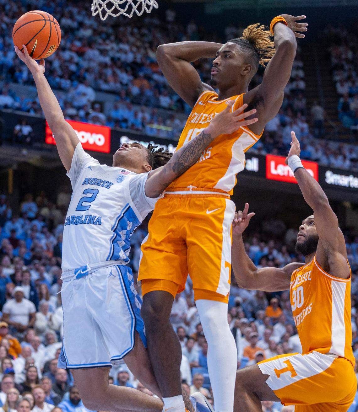 North Carolina’s Elliot Cadeau (2) drives against Tennessee’s Jahmai Mashack (15) in the first half on Wednesday, November 29, 2023 at the Smith Center in Chapel Hill, N.C.