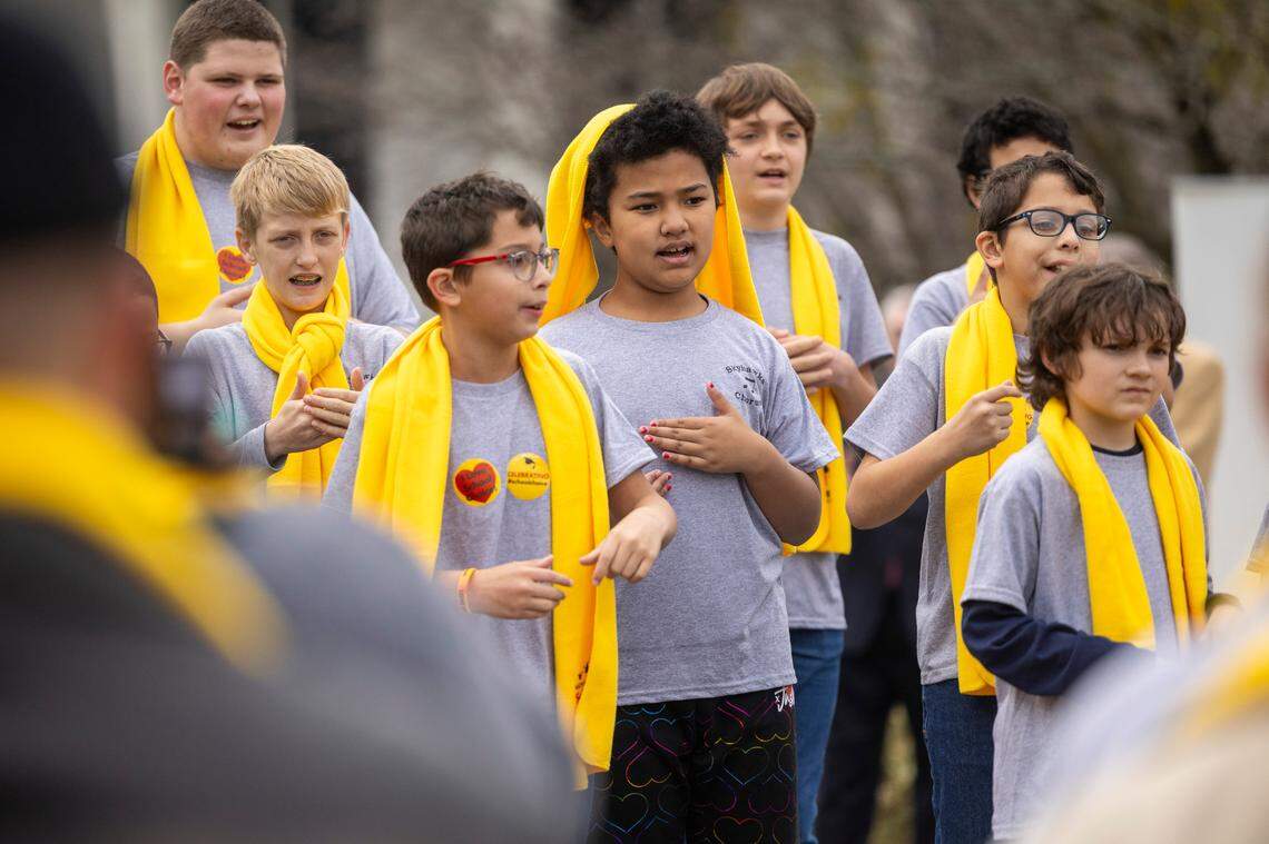 Students from Fayetteville’s School of Hope perform during a rally celebrating National School Choice Week on Halifax Mall in front of the Legislative Building in Raleigh on Wednesday, Jan. 24, 2024.